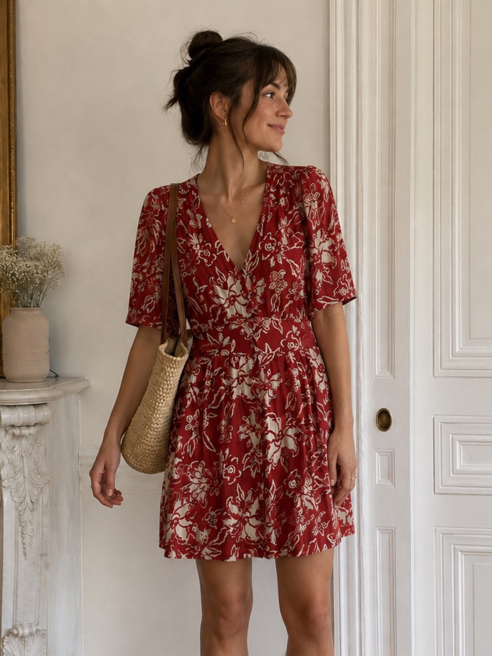 ba&sh Red Cream Floral V-Neck Button Front Mini Dress Size M Boho French Viscose